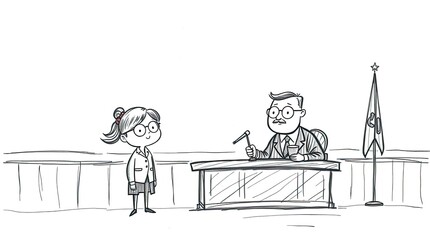 A young girl stands attentively in a courtroom while a judge seated at a desk prepares to respond. The atmosphere reflects curiosity and engagement about the law