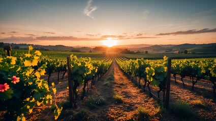 Naklejka premium Vineyard at Sunset Rows of Grapes in the Countryside