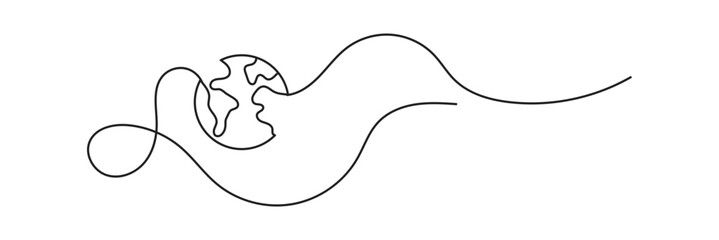 Planet Earth continuous line drawing . Linear globe symbol. World map with curve line. Vector for websites, mobile interfaces, presentations, banner, visual branding etc. Vector illustration. EPS 10