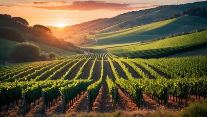 Fototapeta premium Vineyard landscape with rolling hills at sunset