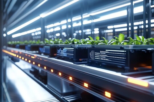 Conceptual image of a warehouse using blockchain technology, displaying digital tracking screens and inventory management on a modern layout