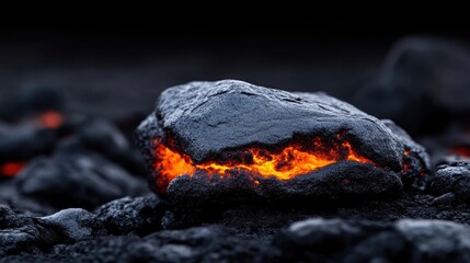 Molten rock glowing within dark volcanic landscape