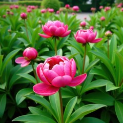 Peony flowers in a lush green garden setting, garden flowers, peonies
