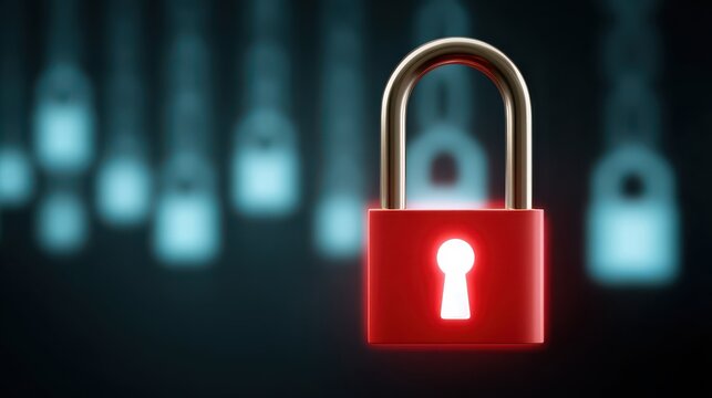 Glowing keyhole on red padlock, symbolizing digital security and access protection in a connected world