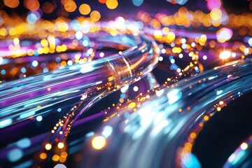 fiber optic cables illuminated in vibrant hues, emphasizing the concept of high-speed communication