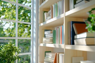 Library shelves filled with open books and natural light streaming through a window