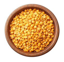 Wooden bowl with red lentils isolated on a transparent background, top view