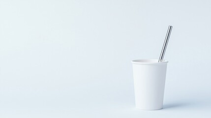 A simple white cup with two straws stands against a light background, emphasizing minimalism and modern design.