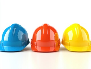 Fototapeta premium Three colorful hard hats lined up on a white surface, representing safety and protection in construction or industrial environments against potential hazards.