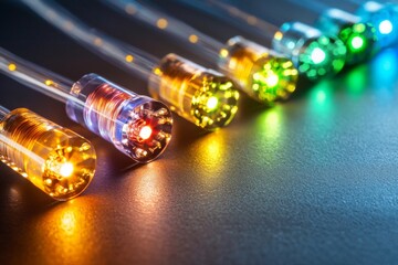 Line of colorful fiber optics glowing against a neutral background, showcasing light transmission and technology