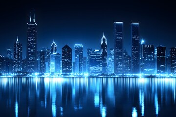 Fototapeta premium Nighttime Reflections A Blue Cityscape Shimmers on the Water's Dark Surface