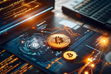 Obraz premium A flat lay of digital currency icons and coins on a rustic table, surrounded by a futuristic digital wallet and financial documents