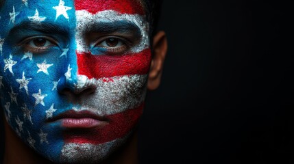 American Flag Portrait of a Young Man - A close-up portrait of a young man with the American flag painted on his face. It symbolizes patriotism, identity, immigration, hope, and national pride