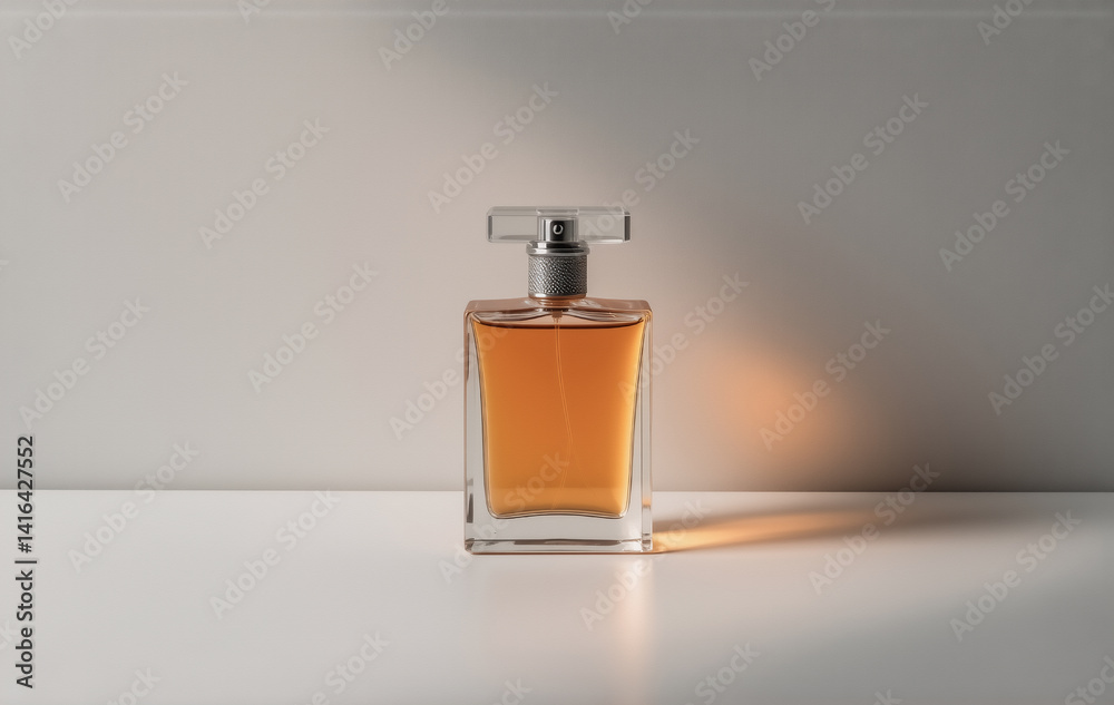 Poster a rectangular glass perfume bottle filled with amber liquid sits on a white surface, illuminated by 