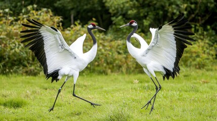 Obraz premium Two Japanese cranes performing a courtship dance in a peaceful meadow.