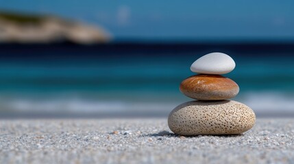 Peaceful stones balanced on sandy beach
