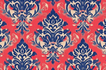 Fototapeta premium Blue Ikat Damask Pattern Repeat - Elegant damask pattern, vibrant coral red background, intricate blue and off-white design, repeating texture, textile design. Symbolizing: luxury, sophistication