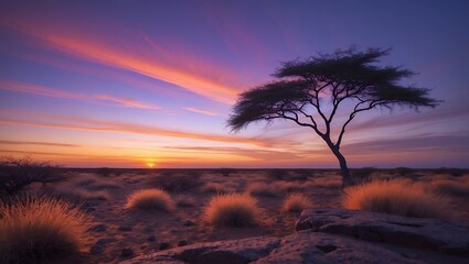 African tree at sunset in desert landscape