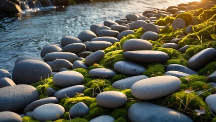 Obraz premium River Stones on Mossy Bank