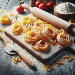 Homemade Pasta on Flour Dusted Surface Fresh homemade pasta laid