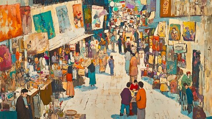 vibrant street market scene, capturing the colorful hustle and bustle of daily life. Stalls filled with fresh produce, handmade goods, and energetic vendors create a lively dynamic.