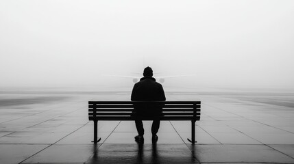 Obraz premium Foggy Airport Departure Bench - A solitary figure sits on a bench at a foggy airport, contemplating departure, loneliness, travel, waiting, and farewell