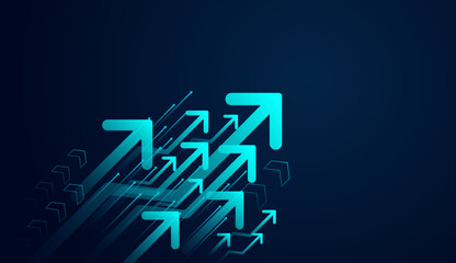 Collection of bright blue arrows upward on dark background, the symbolizing acceleration, breakthrough, and a futuristic toward arrows success or innovation, vector illustration