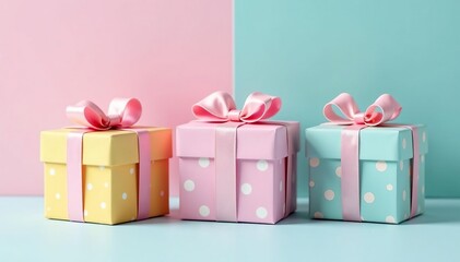Obraz premium Pastel colored small gift boxes, polka dots & stripes, design, wrapping, tiny