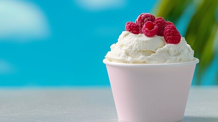 Delicious Ice Cream Topped with Fresh Raspberries in a Pink Cup Against a Blue Tropical Background