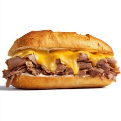 A delicious looking roast beef sandwich with melted cheese isolated on white background