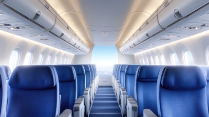 Empty airplane cabin interior, aisle view