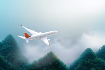 Fototapeta premium Jet Soaring Above Misty Mountains - A jet plane gracefully flies above a landscape of misty mountains, symbolizing adventure, freedom, travel, exploration, and escape