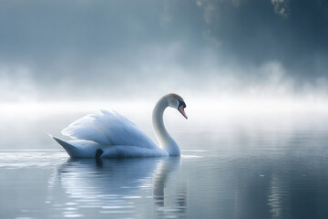 Obraz premium Swan gracefully swimming on a calm lake surrounded by nature