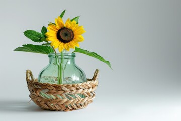 Naklejka premium A vibrant sunflower in a rustic woven basket.