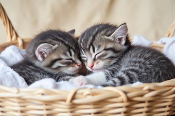 couple of kittens laying on top of each other in a basket