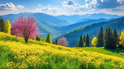 A beautiful spring mountain landscape with trees and a crystal-clear sky