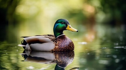 Obraz premium Mallard Duck on Calm Water - A male mallard duck floats serenely on a calm body of water, its reflection mirrored perfectly below. The background is soft and blurred, creating a peaceful scene