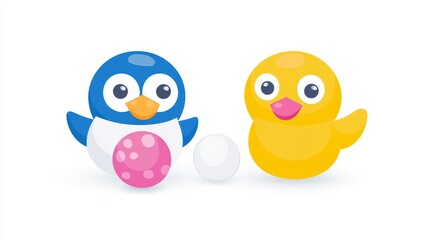 Fototapeta premium Adorable Pixelated Avian Friends A Cheerful Penguin and a Playful Duck Ready for Fun A Whimsical Illustration with Pastel Tones