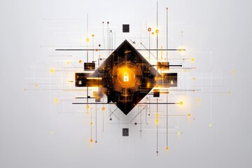 Symmetric encryption algorithm visualization with geometric patterns and digital locks on a neutral background