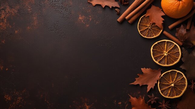 Autumn spices, dried oranges, leaves on dark background. Thanksgiving, recipe, blog