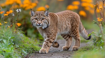 Obraz premium Captivating portrait showcasing a bobcat amidst wildflowers in spring a scene of wild beauty feline elegance and colorful blooms nature's artistry wildlife photography