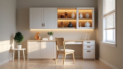 The image showcases a minimalist, modern interior design with a small workspace, featuring a light wooden floor, neutral wall, sleek desk, chair, white cabinet, and greenery.