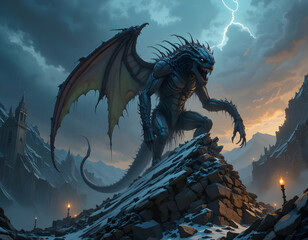 Dragon Creature on Mountain Peak in a Storm with Lightning Strikes