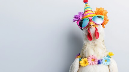 A chicken wearing a party hat, colorful sunglasses, and a flower necklace, looking up, in front of a light background, balanced composition with ample copy space for text