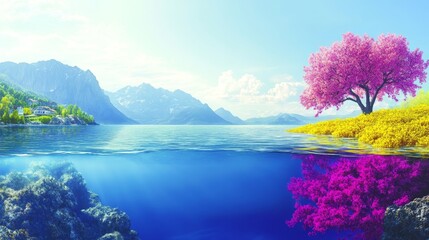 Naklejka premium Idyllic reflection of a vibrant landscape showcasing a blooming cherry tree and serene waters amidst rolling hills beneath a clear sky creating a tranquil vista