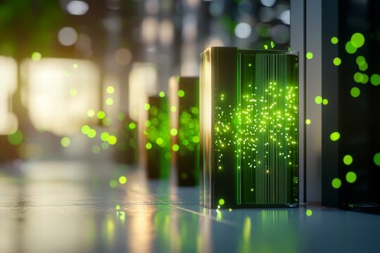 Concept of encrypted data transfer represented by glowing data streams and a secure server in a clean, neutral environment