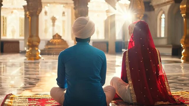 A man and woman sit on a rug in a room with a gold frame. The woman is wearing a red sari