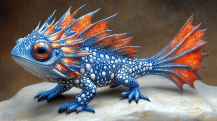 A mesmerizing otherworldly amphibian with intricate blue scales and vibrant orange dorsal frills perched gracefully on a textured surface artwork