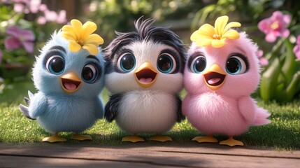 Enchanting Trio of Fluffy Bird Characters with Floral Adornments and Animated Expressions on a Soft Natural Background for Children