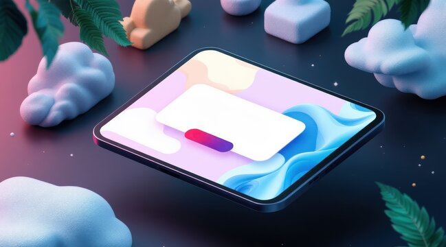 A surreal digital scene featuring a tablet surrounded by colorful clouds and greenery, evoking a modern, creative atmosphere.